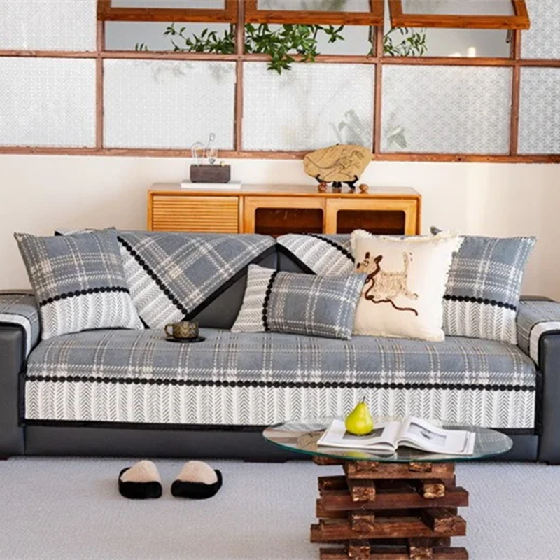 Housse canapé antidérapante anti griffes de chat carreaux écossais gris clair face complet