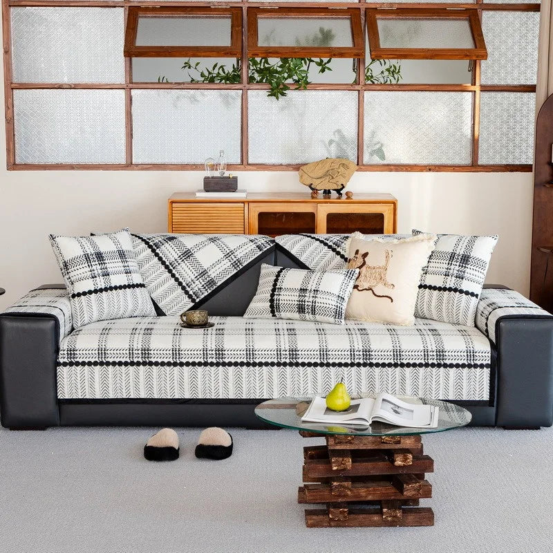 Housse canapé antidérapante anti griffes de chat carreaux écossais ivoire de face