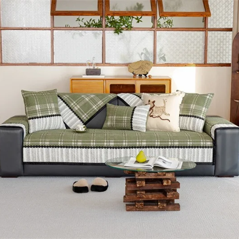 Housse canapé antidérapante anti griffes de chat carreaux écossais vert de face complet