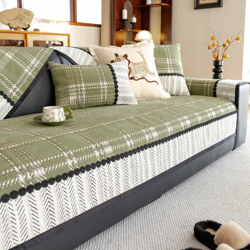Housse canapé antidérapante anti griffes de chat carreaux écossais vert matcha
