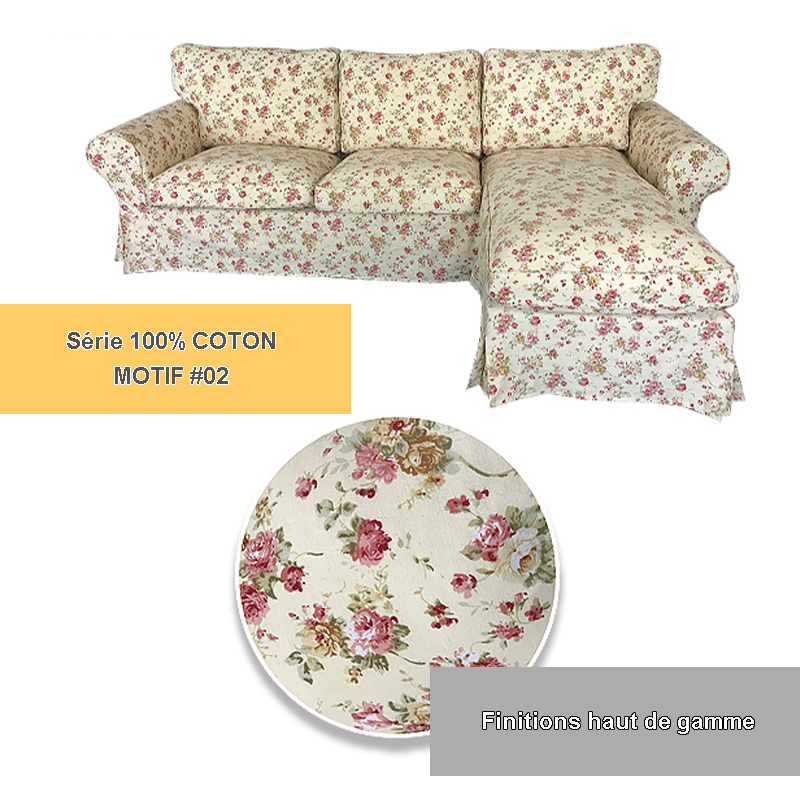 Housse canapé d'angle IKEA EKTORP 2 places + méridienne - motifs imprimés fleur