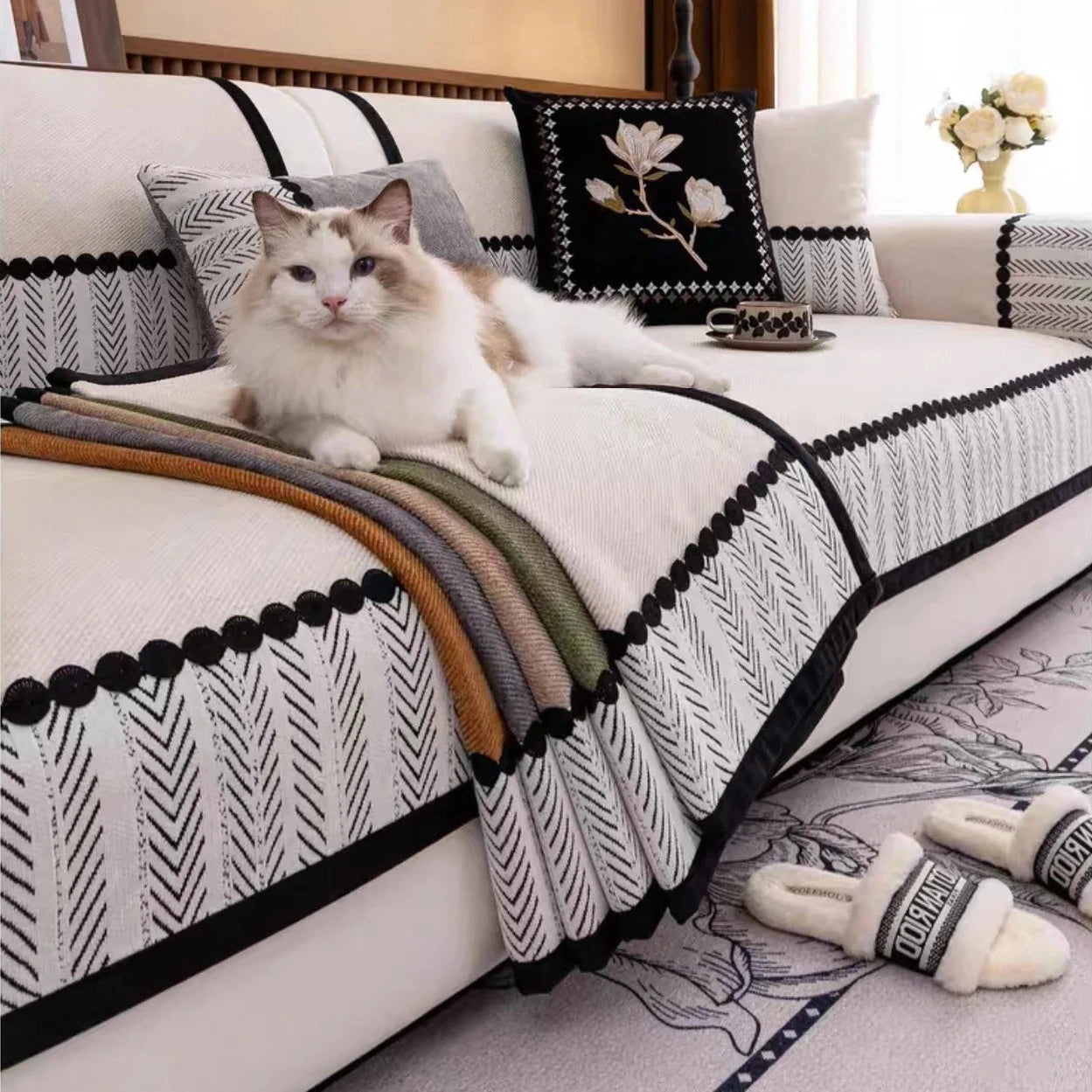 Housse de canapé antidérapante anti griffes chevrons ivoire