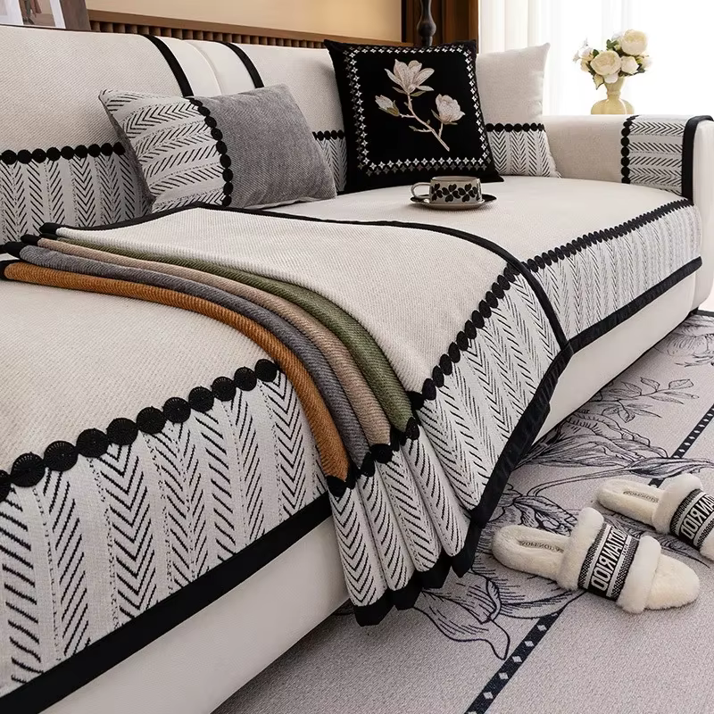 Housse de canapé antidérapante anti griffes chevrons ivoire