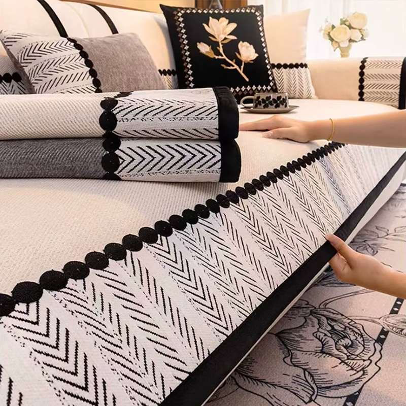 Housse de canapé antidérapante anti griffes chevrons ivoire