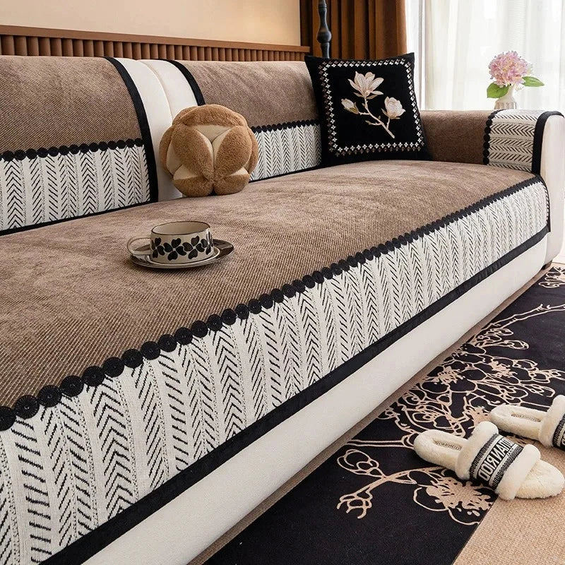 Housse de canapé antidérapante anti griffes de chat chevrons café