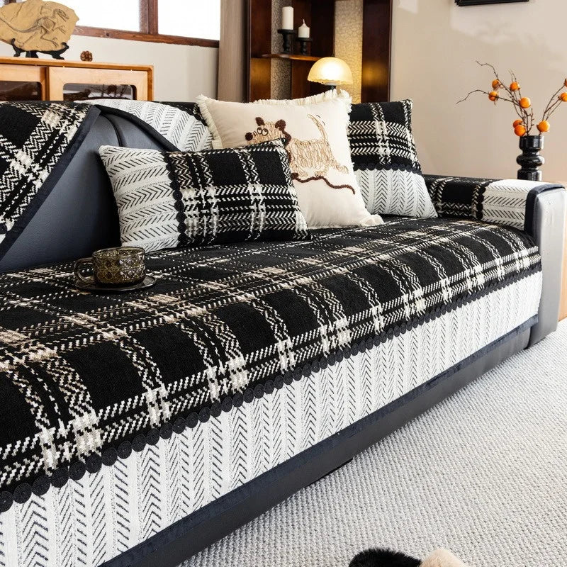 Housse de canapé antidérapante et anti griffes de chat carreaux écossais noir