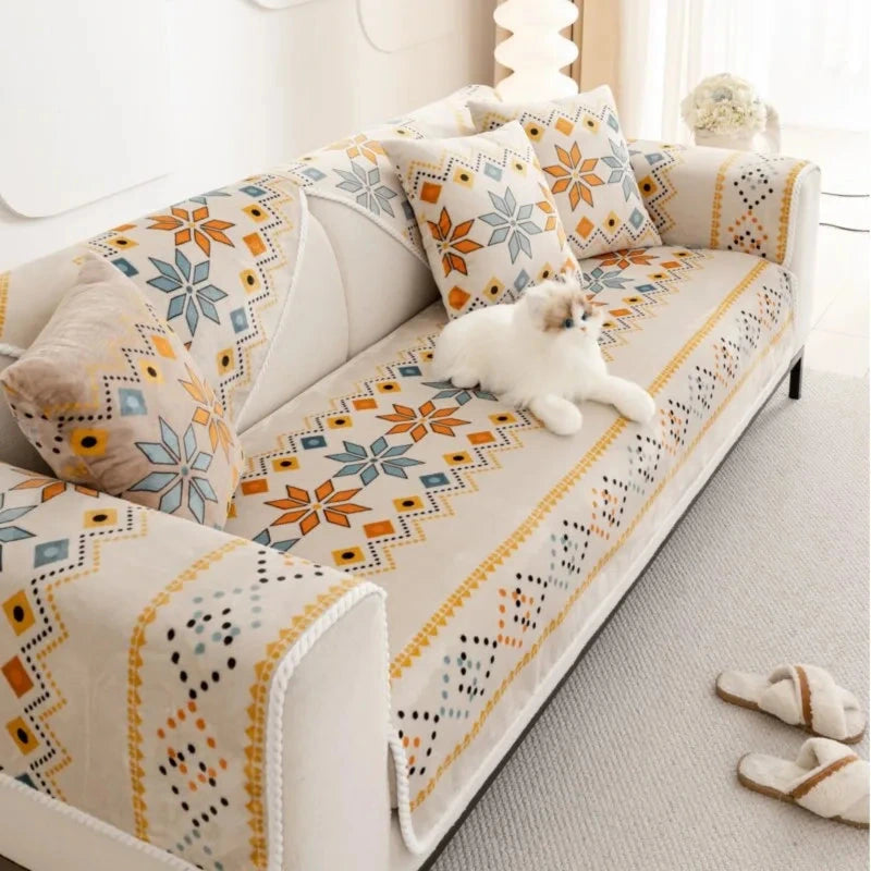 Housse de canapé antidérapantes et anti griffes épaisse velours bohème beige