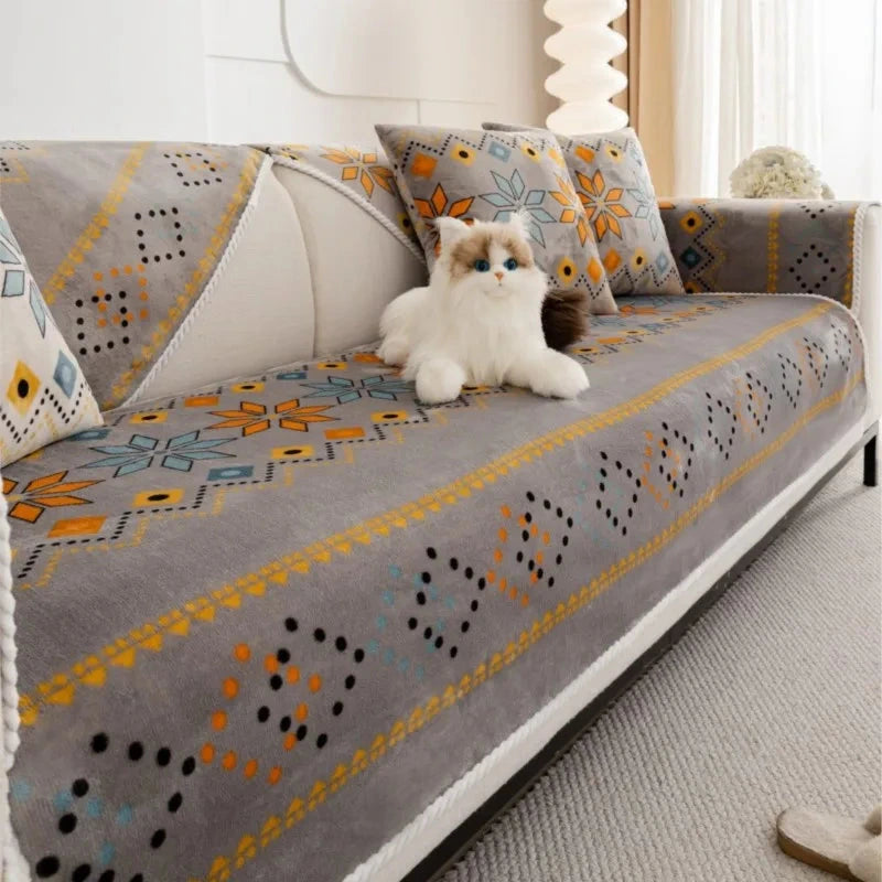 Housse de canapé antidérapantes et anti griffes épaisse velours bohème taupe