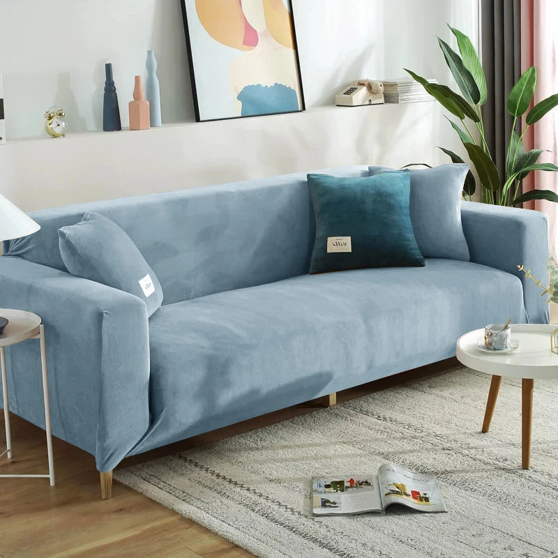 Housse de canapé extensible velours doux et chaleureux bleue ciel