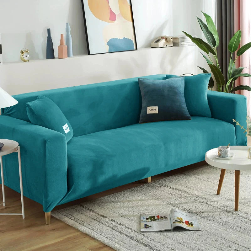 Housse de canapé extensible velours doux et chaleureux bleue turquoise