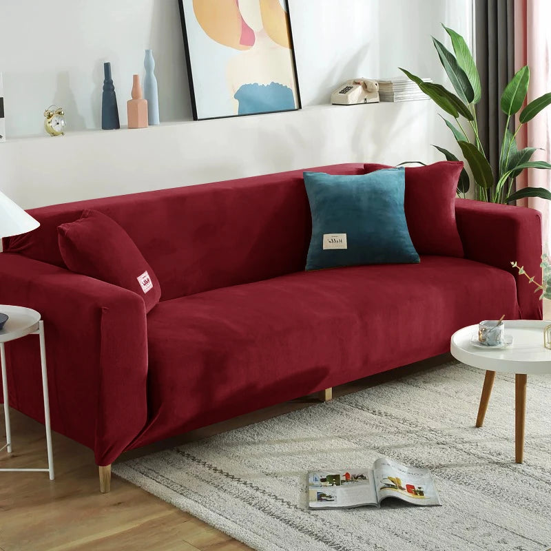 Housse de canapé extensible velours doux et chaleureux bordeaux