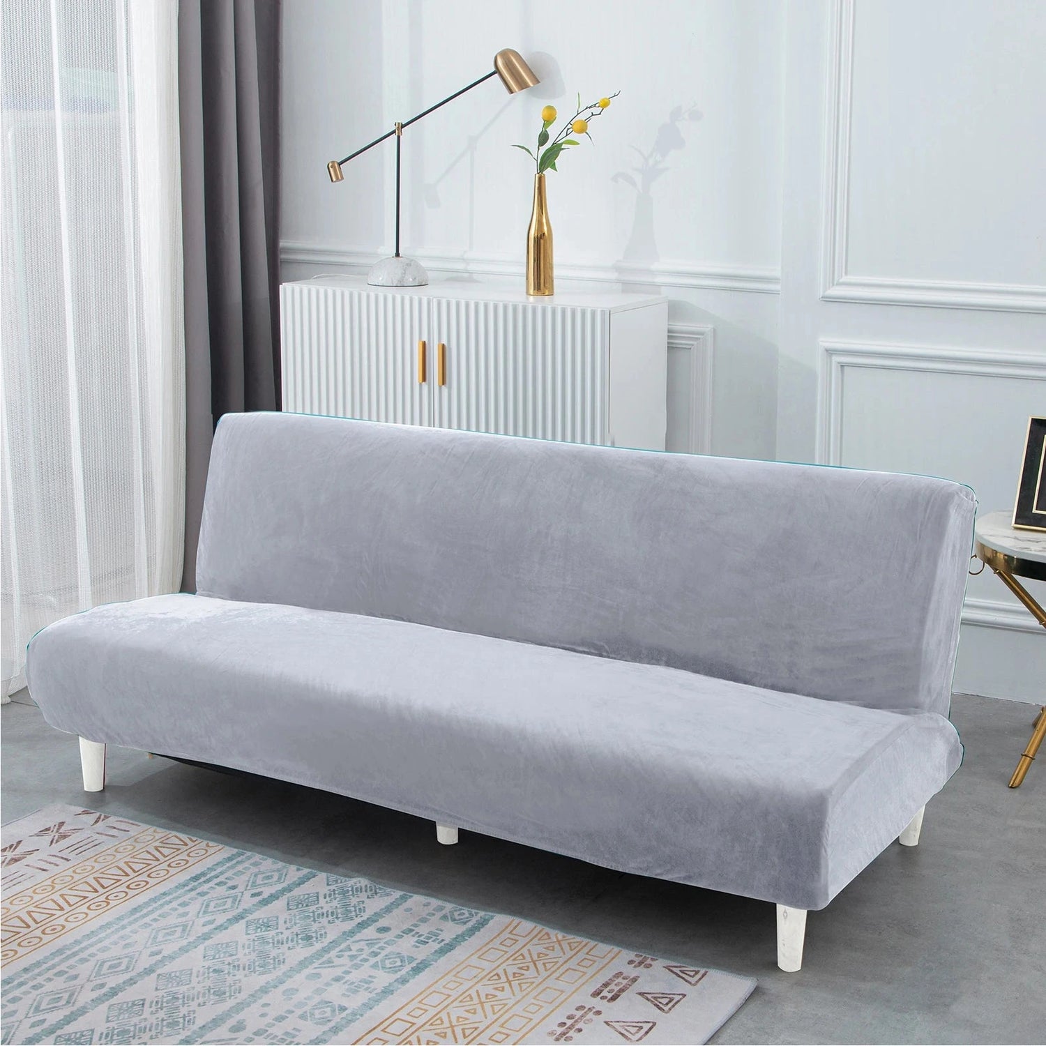 Housse de canapé lit, clic-clac, canapé sans accoudoir pur velours argent