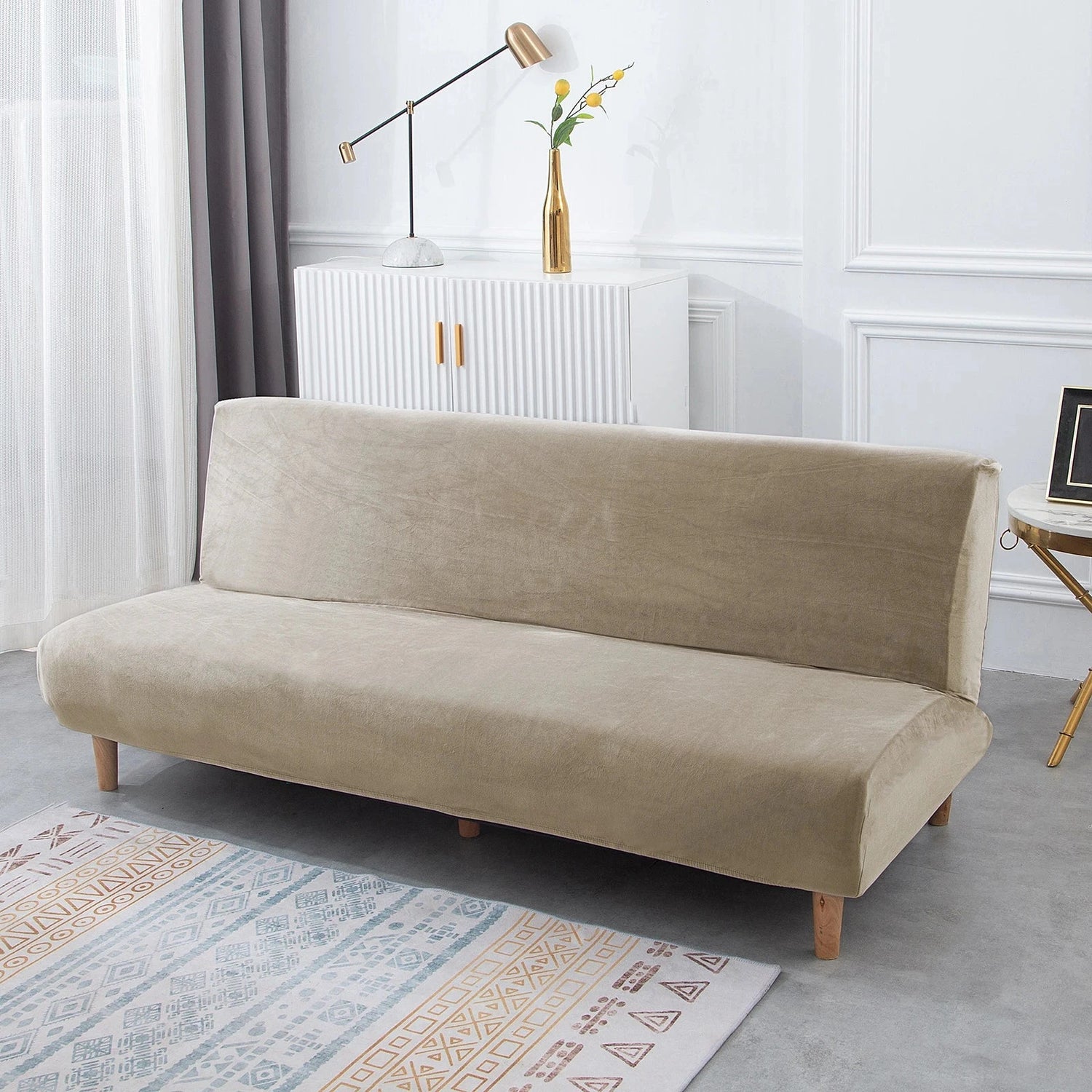 Housse de canapé lit, clic-clac, canapé sans accoudoir pur velours taupe