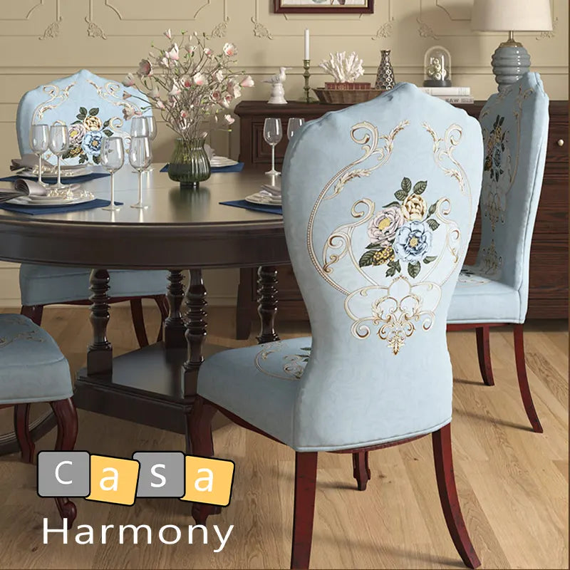 Housse de chaise anciennes baroque louis 16 bleue ciel de dos