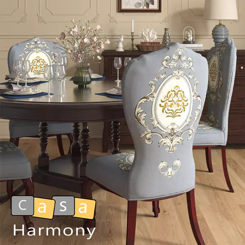 Housse de chaise anciennes baroque louis 16 gris clair de dos