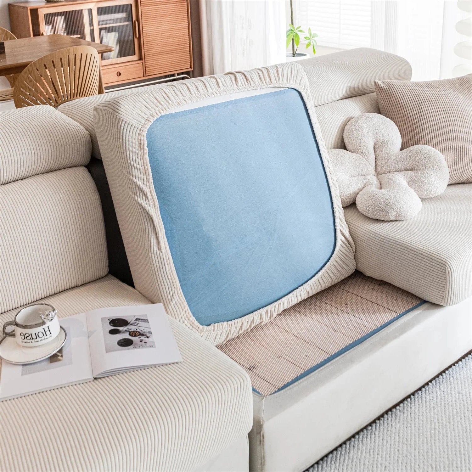 Housse de coussin de canapé renforcé velours côtelé beige