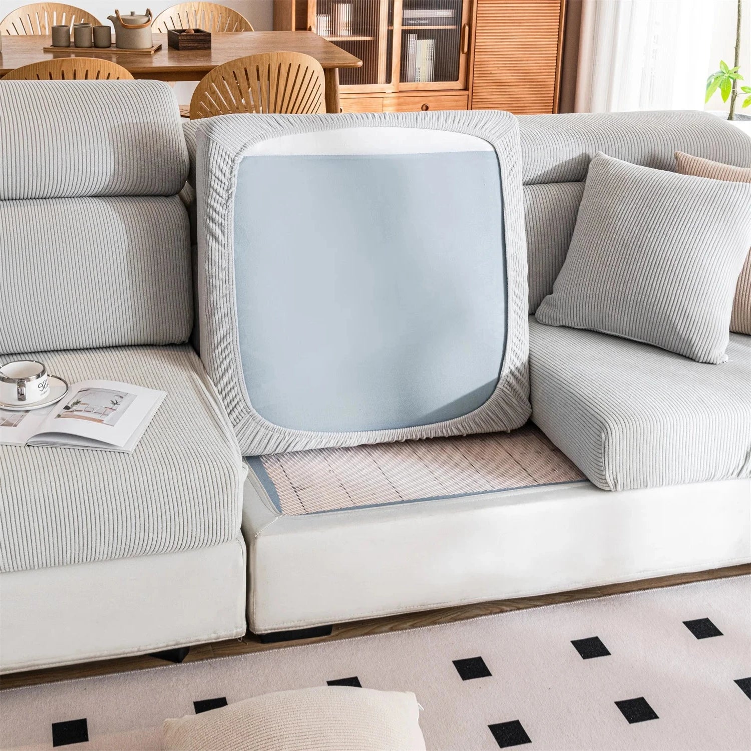 Housse de coussin de canapé renforcé velours côtelé gris clair