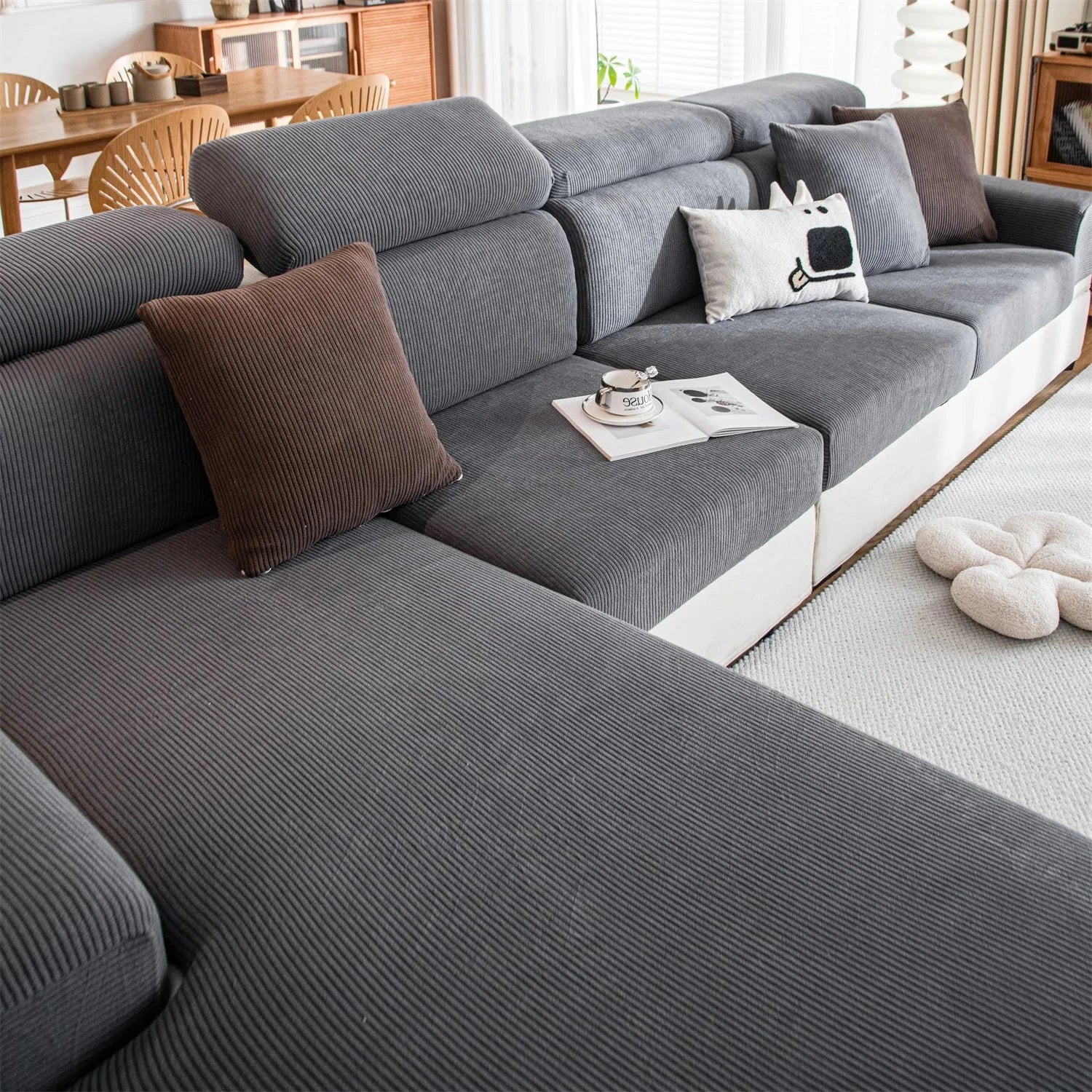 Housse de coussin de canapé renforcé velours côtelé gris foncé