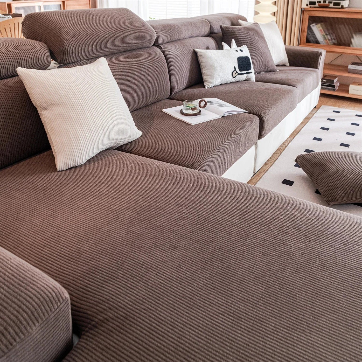 Housse de coussin de canapé renforcé velours côtelé marron