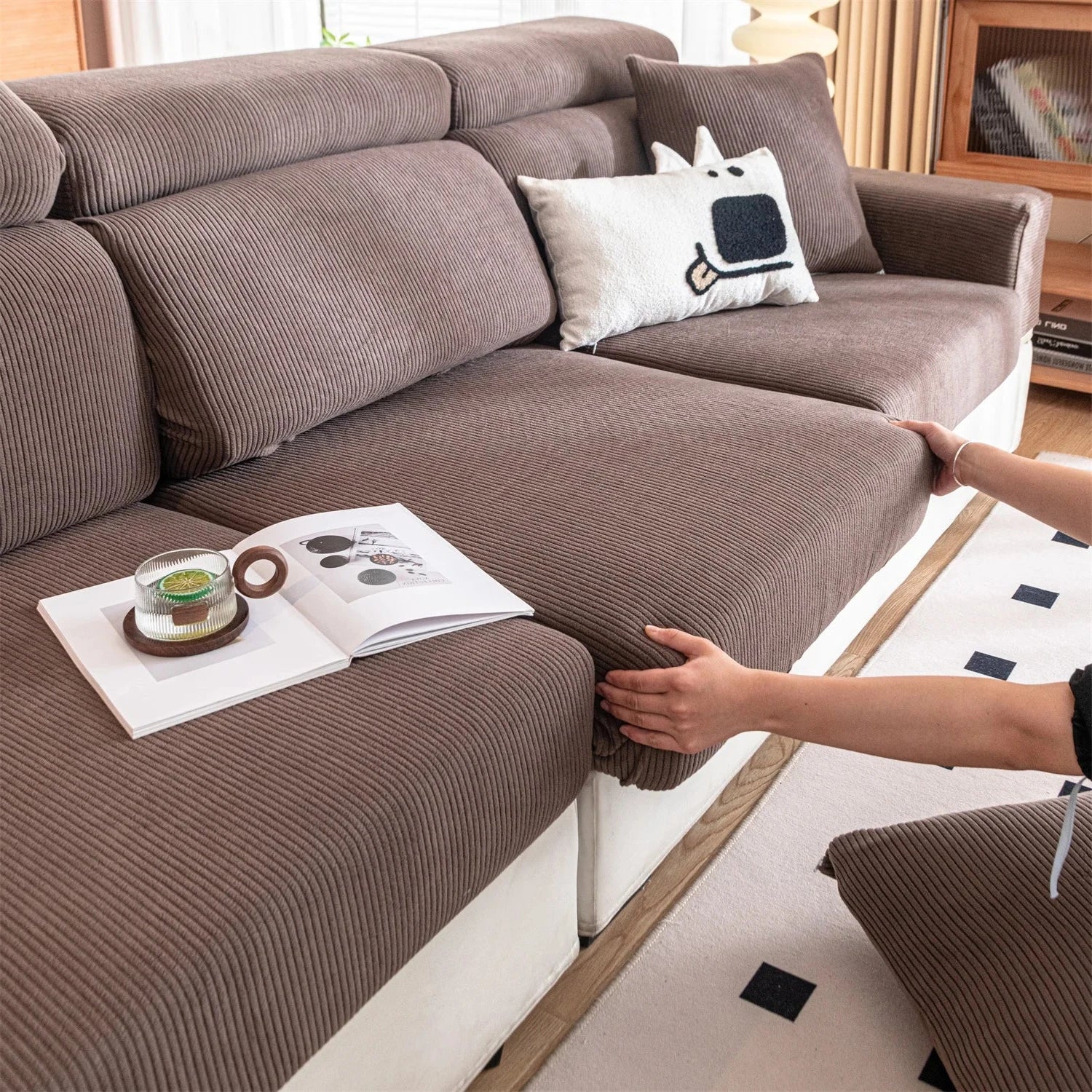 Housse de coussin de canapé renforcé velours côtelé marron