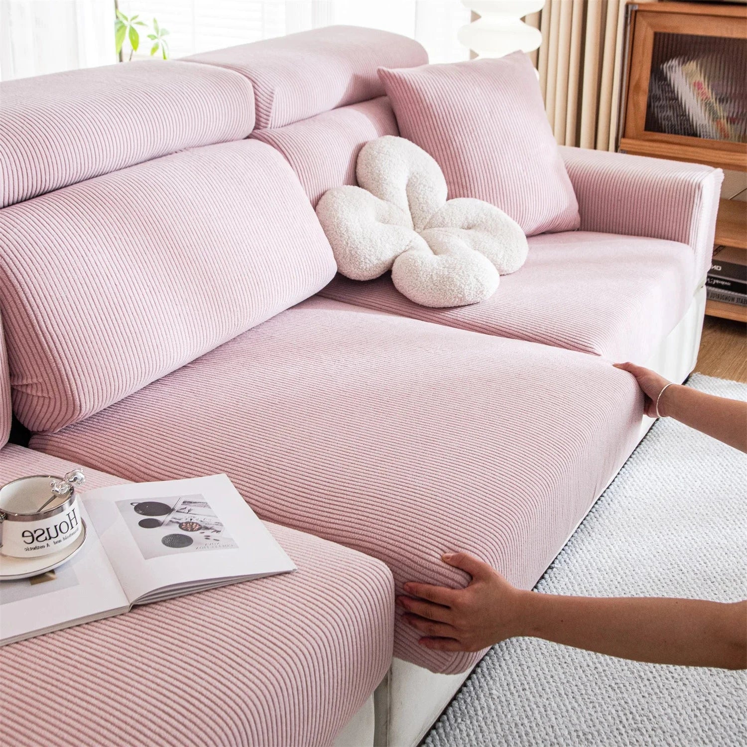 Housse de coussin de canapé renforcé velours côtelé rose