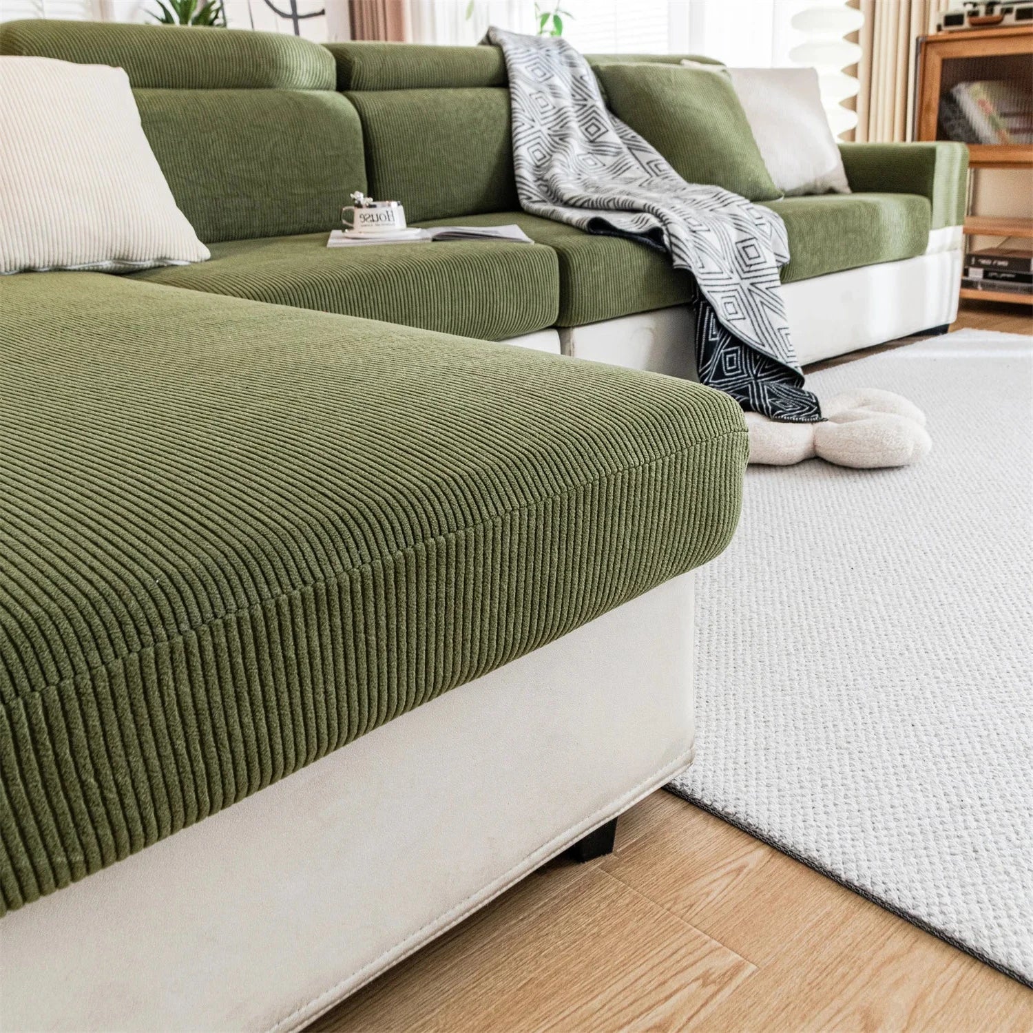 Housse de coussin de canapé renforcé velours côtelé vert