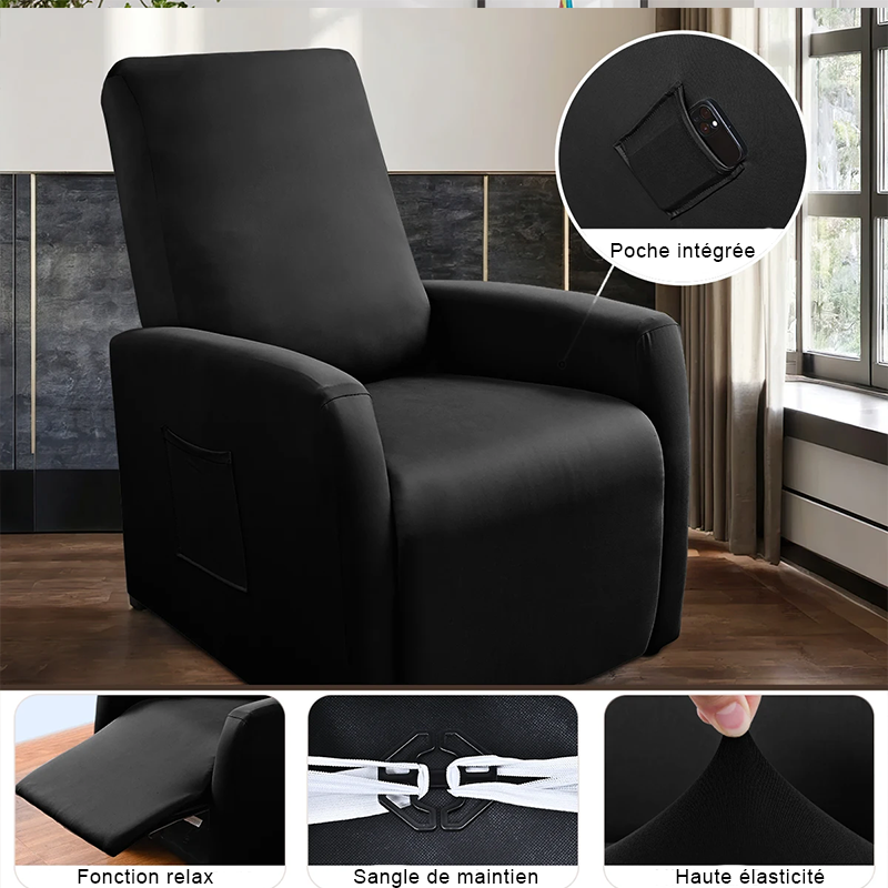 Housse fauteuil relax relevable dossier long lycra déperlant noir detail