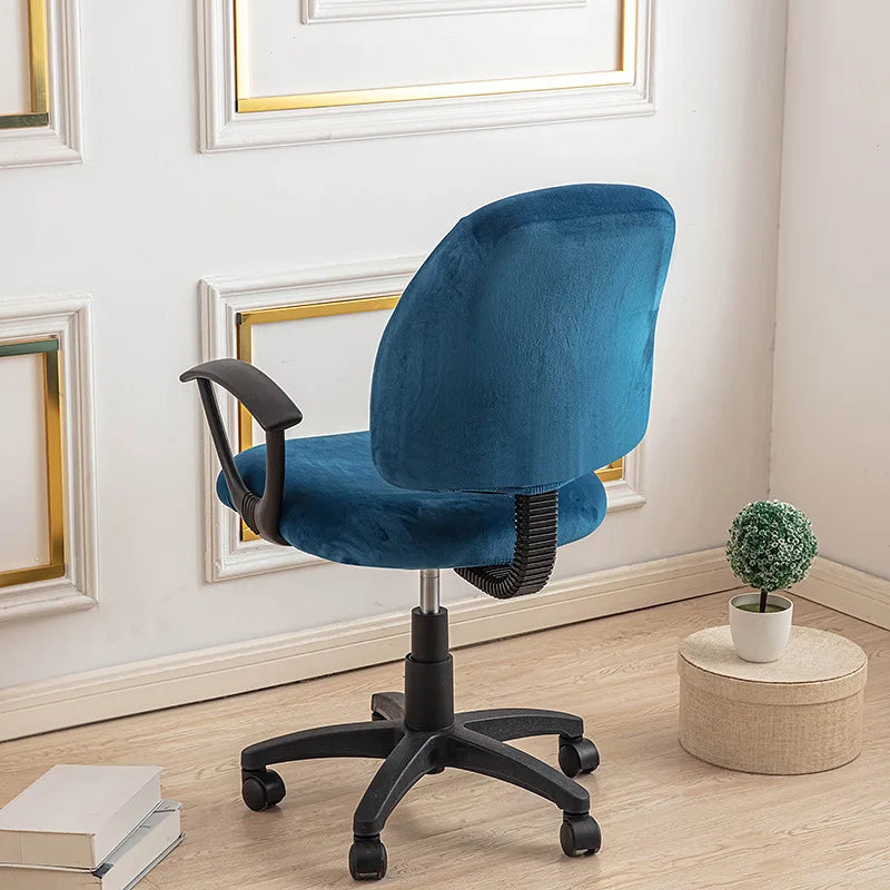 Housse petite chaise de bureau extensible en velours bleue de dos