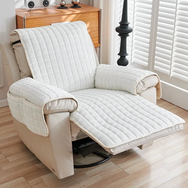 Housse pour fauteuil relax velours flanelle avec poches intégrées blanc ivoire