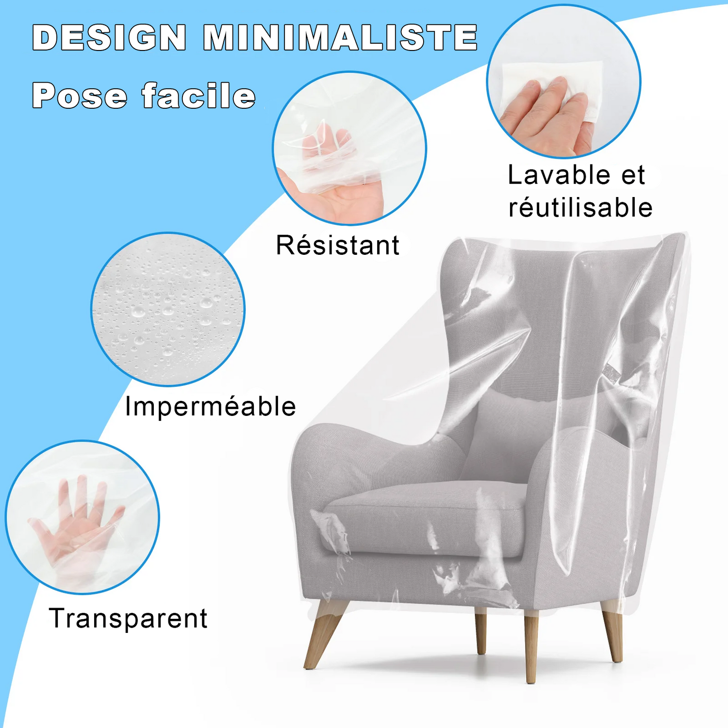 Housse protection fauteuil en plastique transparent 100% imperméable zoom