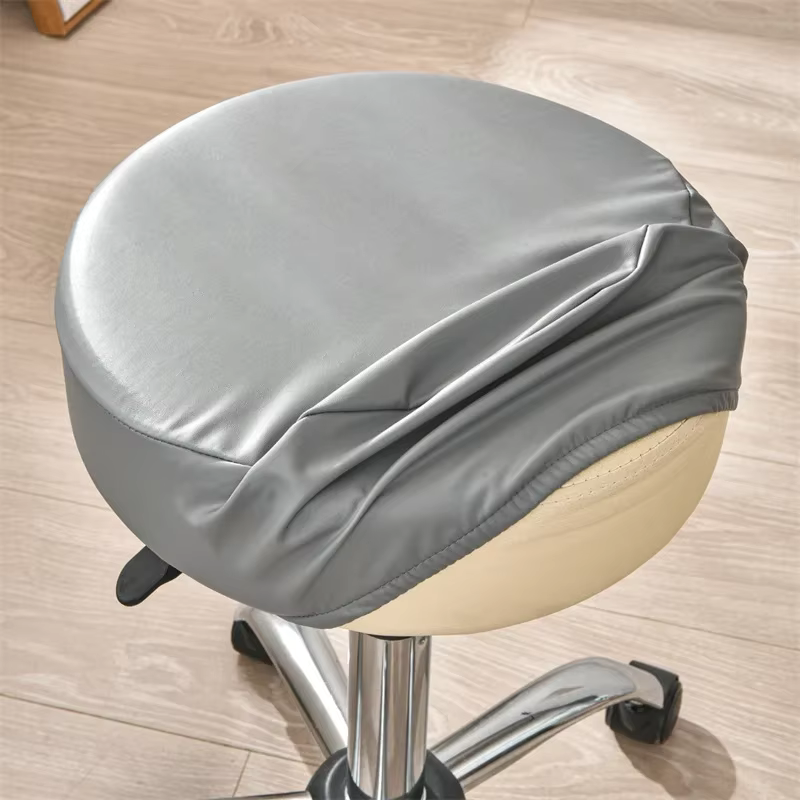 Housse tabouret rond imperméable simili cuir argent