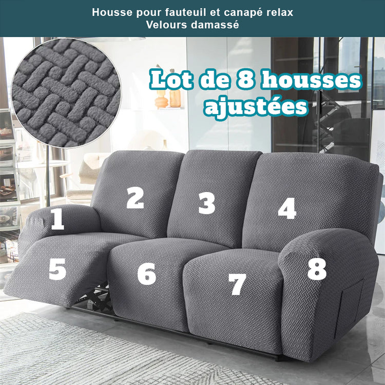 Housse canapé relax 3 places velours damassé lot 8 housses