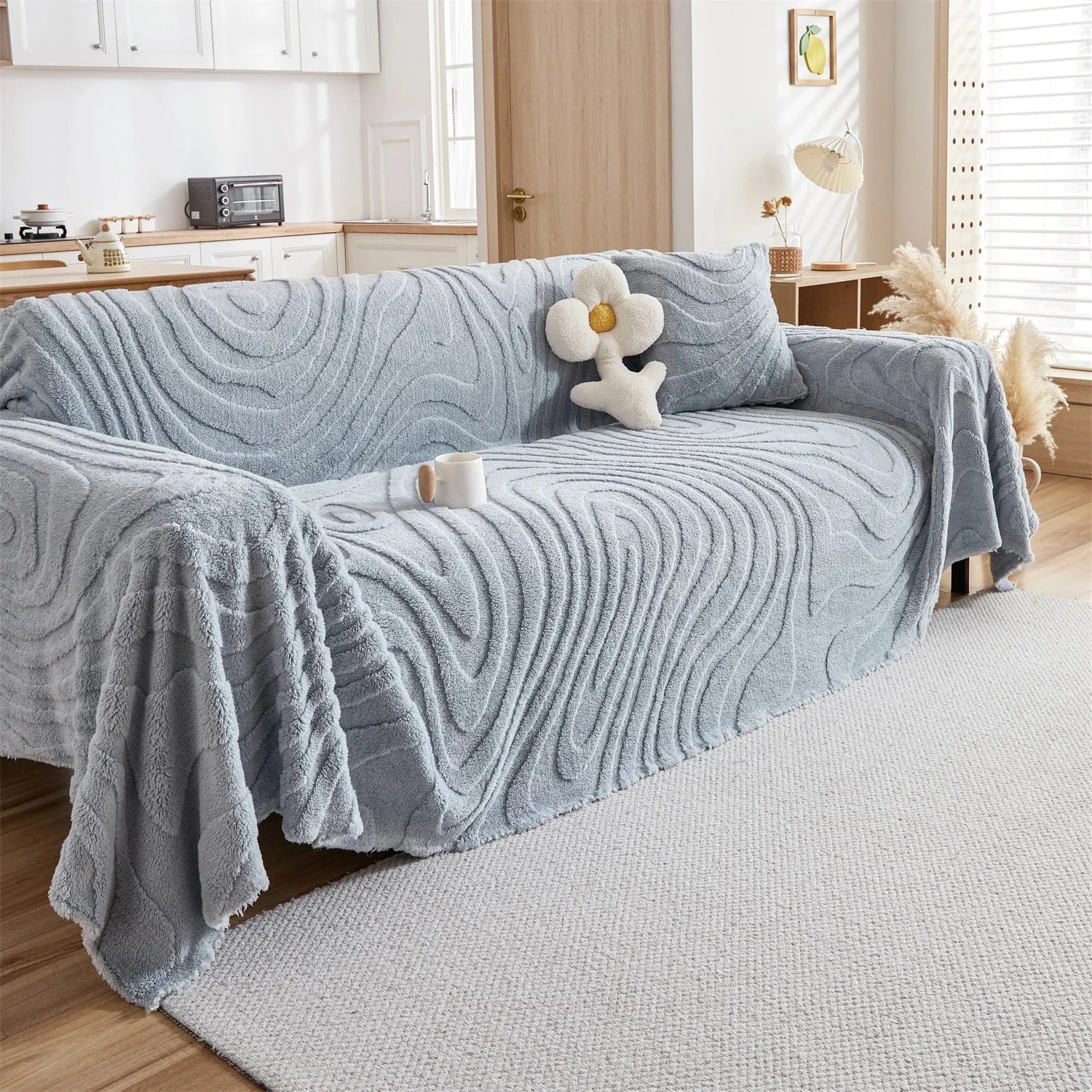 Plaid Jeté de canapé grande taille en polaire tuftée bleue ardoise