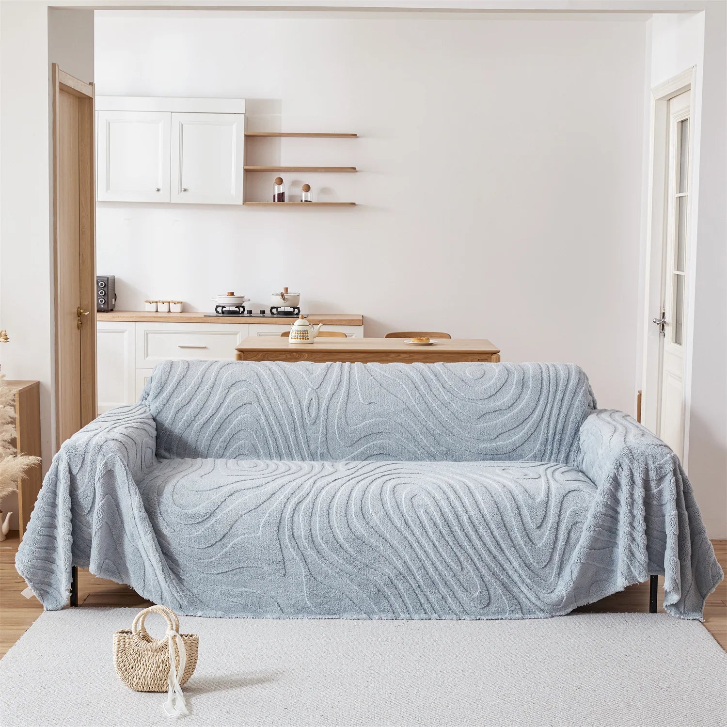 Plaid Jeté de canapé grande taille en polaire tuftée bleue ardoise de face