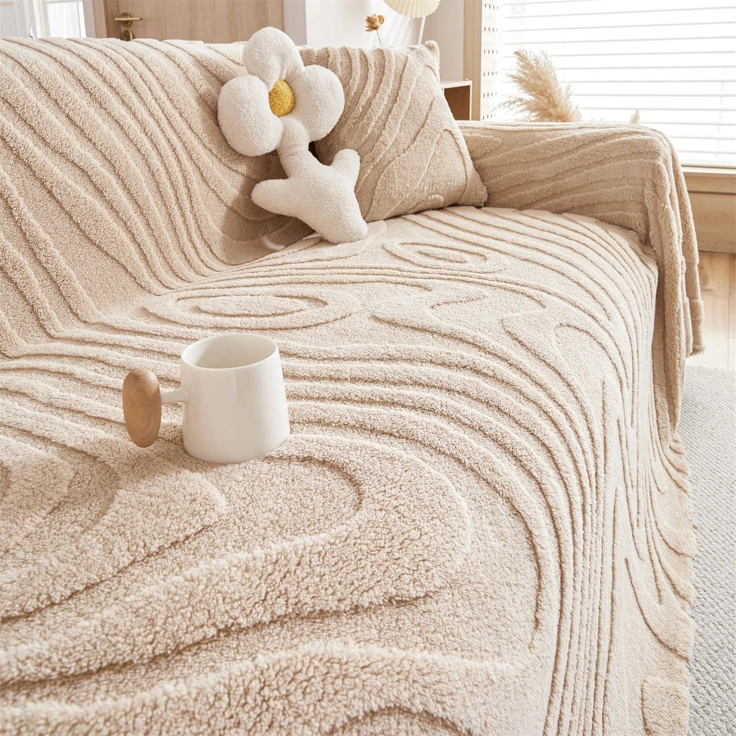 Plaid Jeté de canapé grande taille en polaire tuftée café