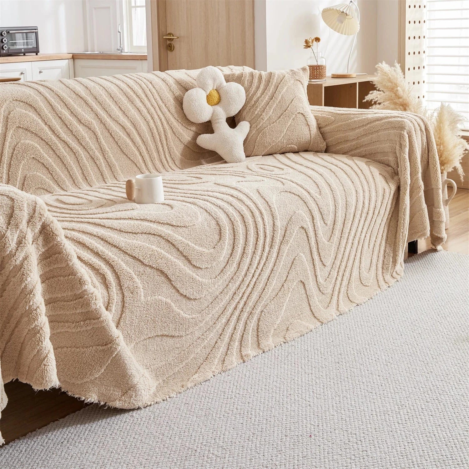 Plaid Jeté de canapé grande taille en polaire tuftée – motif cernes de bois 