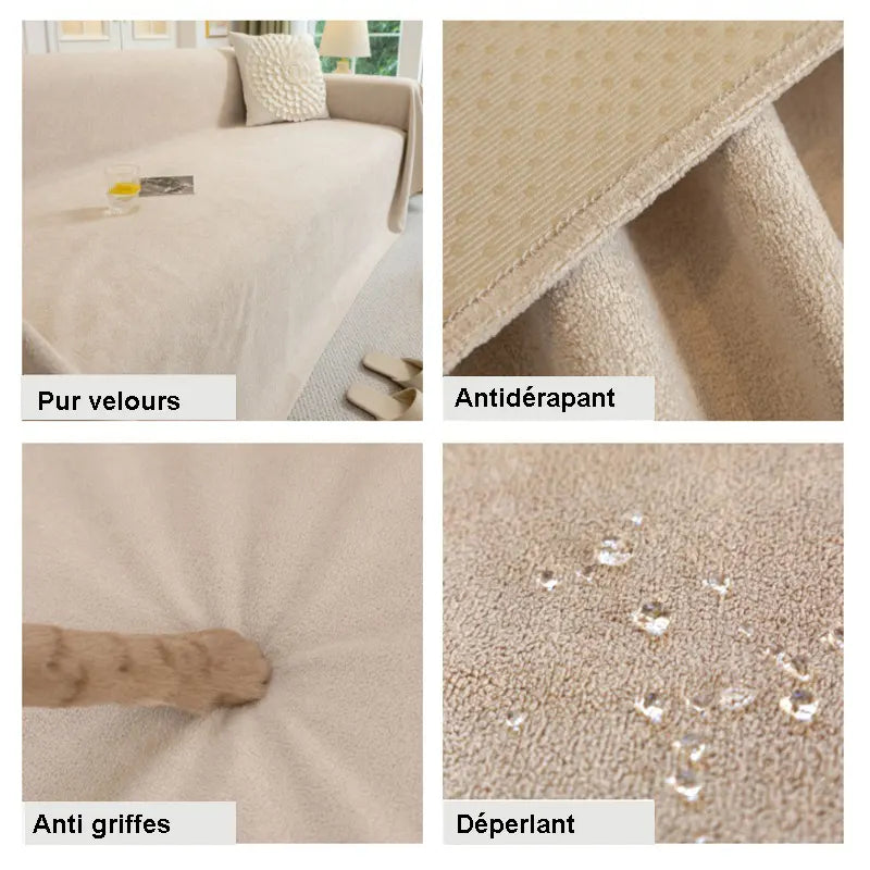 Plaid Jeté de canapé grande taille pur velours antidérapant et déperlant taupe 