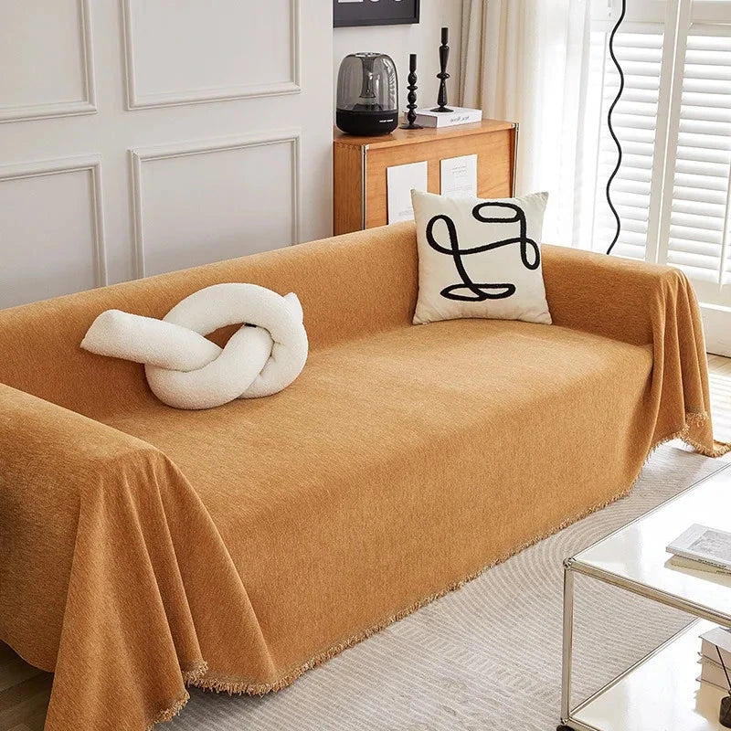 Plaid jeté de canapé grande taille chenille renforcée anti griffes de chat ambre