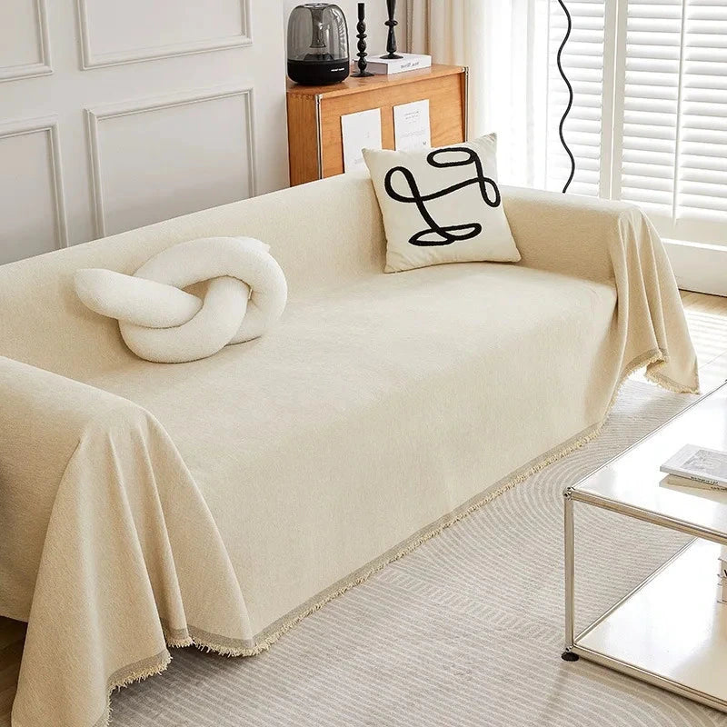 Plaid jeté de canapé grande taille chenille renforcée anti griffes de chat beige