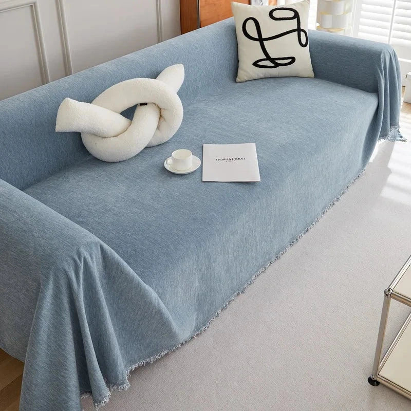 Plaid jeté de canapé grande taille chenille renforcée anti griffes de chat bleue