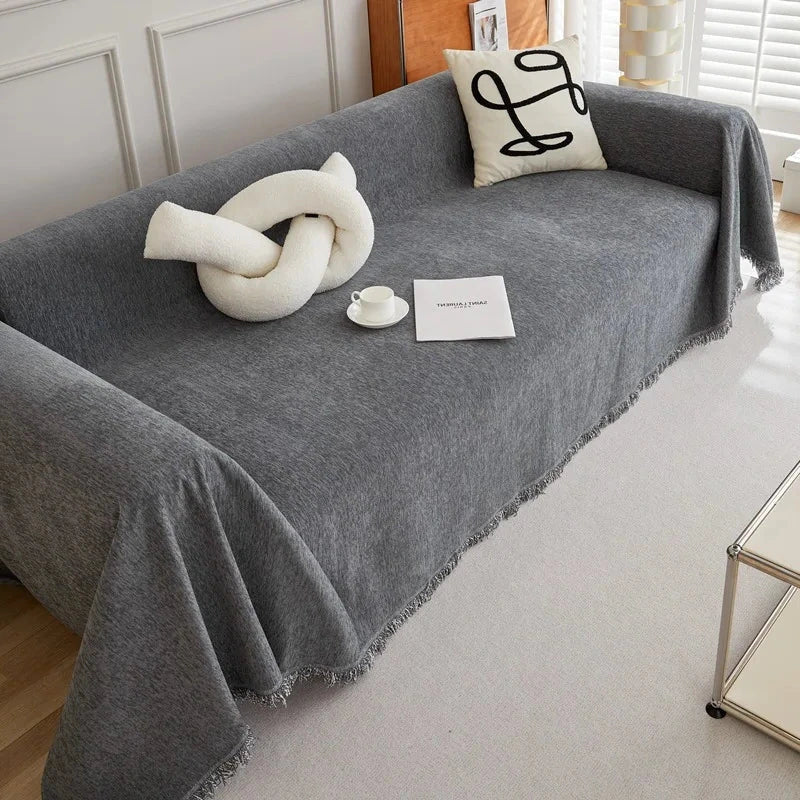 Plaid jeté de canapé grande taille chenille renforcée anti griffes de chat gris