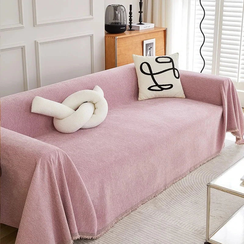 Plaid jeté de canapé grande taille chenille renforcée anti griffes de chat rose