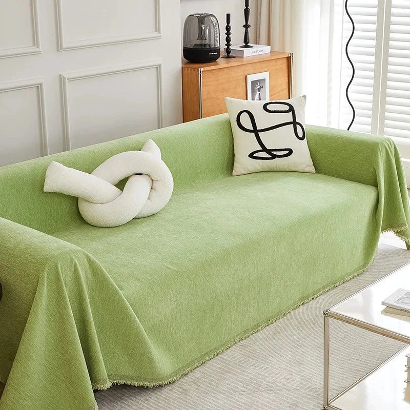 Plaid jeté de canapé grande taille chenille renforcée anti griffes de chat vert tendre