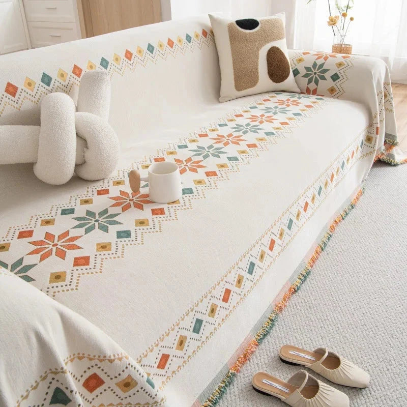 Plaid jeté de canapé grande taille style bohème ethnique chenille renforcée