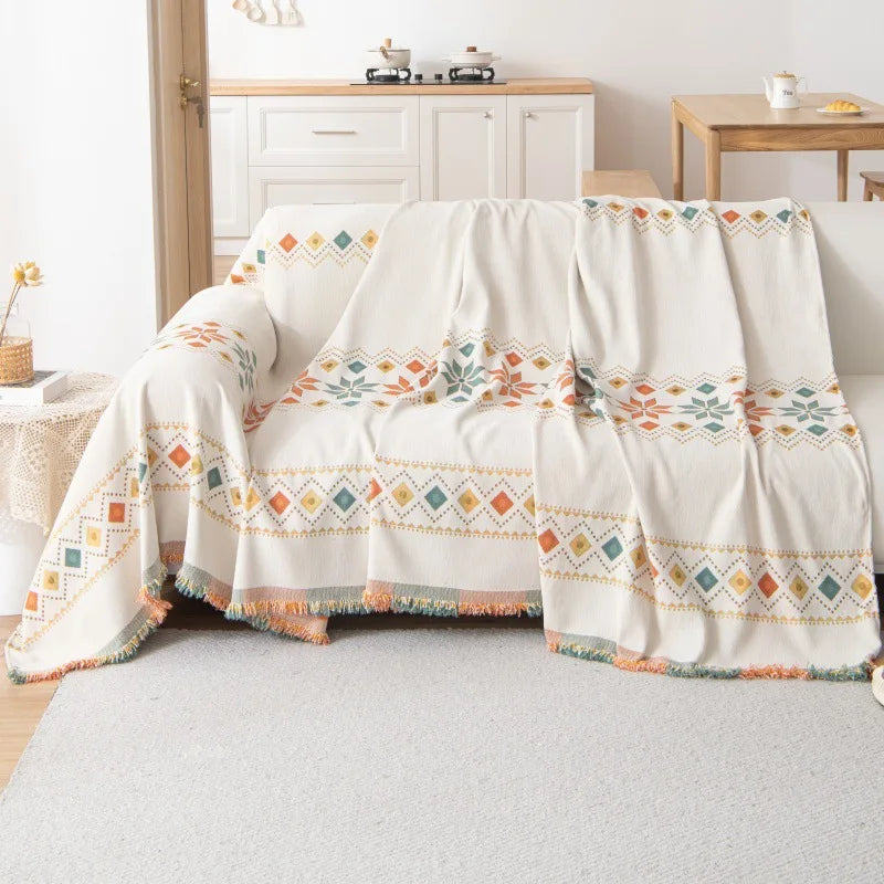 Plaid jeté de canapé grande taille style bohème ethnique chenille renforcée ivoire