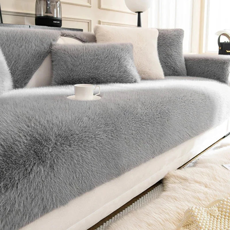 Housse canapé antidérapante fourrure luxueuse gris