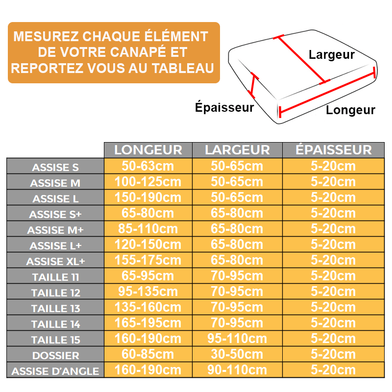 Guide taille housses de coussins de canapé imperméable