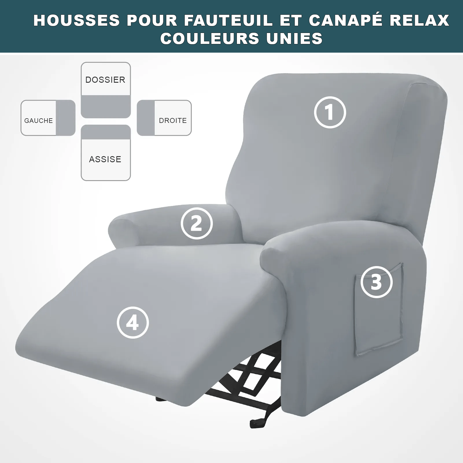 Lot De 4 Housses Extensibles Pour Fauteuil Relax / TV - Tissu Jacquard élastique - Avec Poches - Couleur Gris Foncé