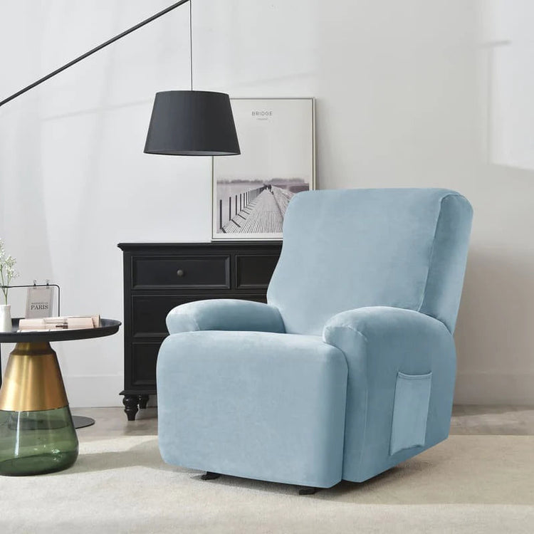 housse pour fauteuil relaxation velours bleue ciel de profil