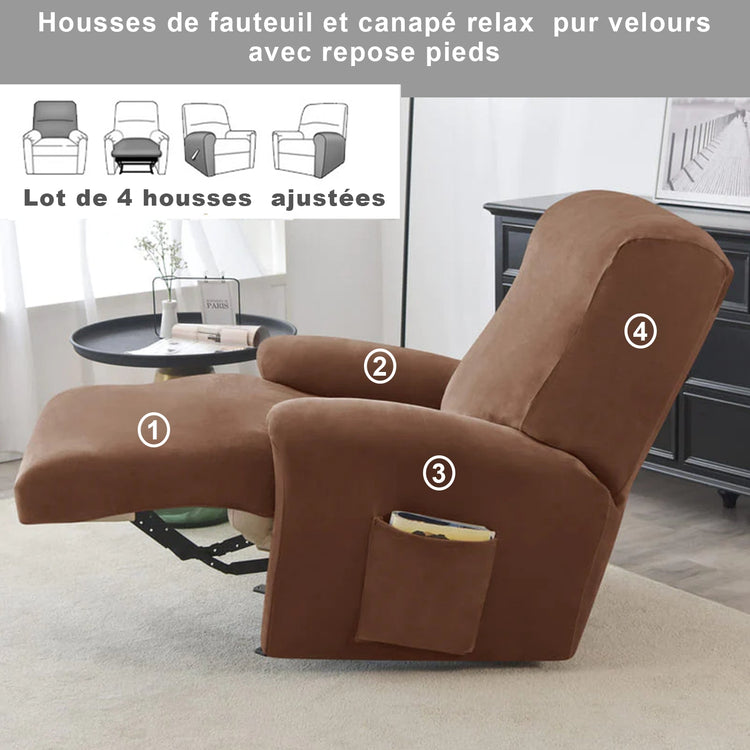 housse pour fauteuil relaxation velours 4 pièces marron